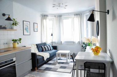 Scandinavian interior style modern studio small apartment in white and grey colors, furniture in living area and kitchen area
