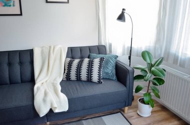 İskandinav tarzı modern stüdyo, beyaz ve gri renkli küçük daire, oturma alanında kanepe.