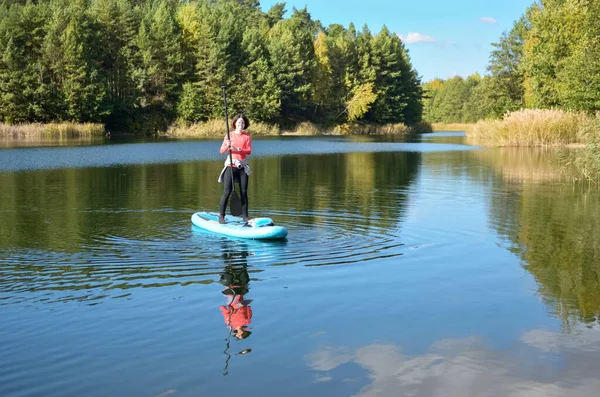 Active Woman Paddling Sup Board Beautiful Lake Autumn Forest Landscape — Stockfoto