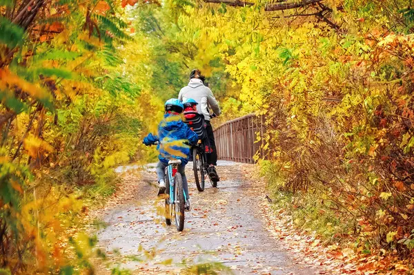 Familj Cykling Gyllene Höstpark Aktiv Far Och Barn Rida Cyklar Royaltyfria Stockbilder