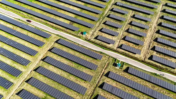 Güneş panelleri çiftliğinin hava aracı görüntüsü, yeşil sürdürülebilir yenilenebilir enerji konsepti için güneş enerjisi, Hollanda 'daki fotovoltaik enerji istasyonu veya güneş parkı