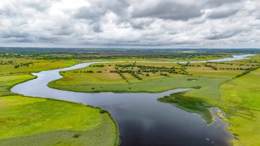 Aerial drone view of Shannon river and countryside rural Irish landscape, county Offaly, Ireland