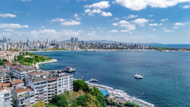 Aerial drone view of Istanbul cityscape and Bosphorus Channel from above, Turkey