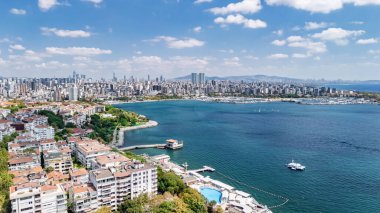 Aerial drone view of Istanbul cityscape and Bosphorus Channel from above, Turkey