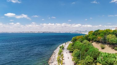Aerial drone view of Istanbul cityscape and Bosphorus Channel from above, Turkey