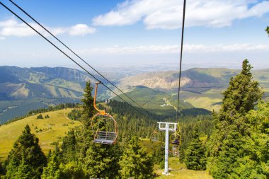 Dağlarda yüksek yaz dağları manzarası. Noel ağaçlarının uzun ağaçları