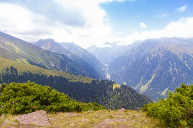 Dağ yaz manzarası. Karlı dağlar ve yeşil çimenler. Zirve Karakolu Kırgızistan.