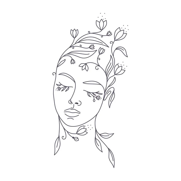 Logo Cara Mujer Con Flores Mujer Vector Ilustración Lineal Elegante — Vector de stock