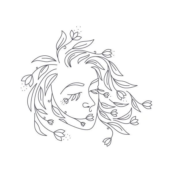 Logotyp Kvinna Ansikte Med Blommor Kvinna Vektor Lineart Illustration Elegant — Stock vektor