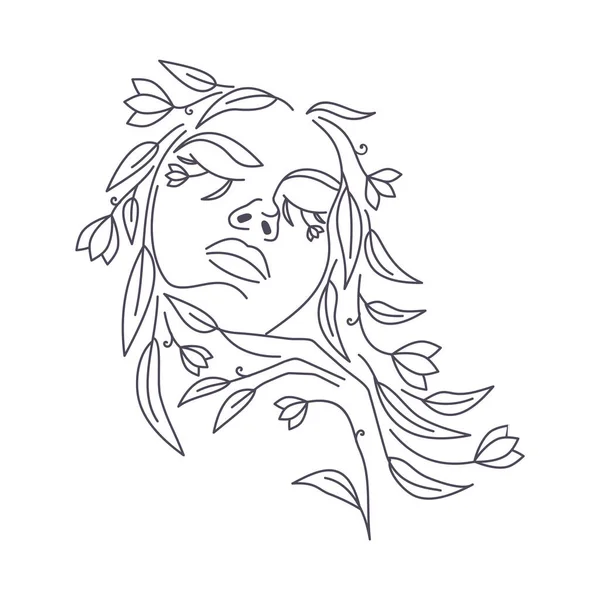 Çiçekli Logo Kadını Suratı Kadın Vektör Çizgisi Çizimi Zarif Kadın — Stok Vektör