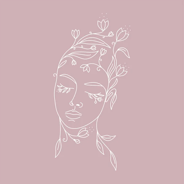 Logo Femme Visage Avec Des Fleurs Illustration Linéaire Vectorielle Femme — Image vectorielle