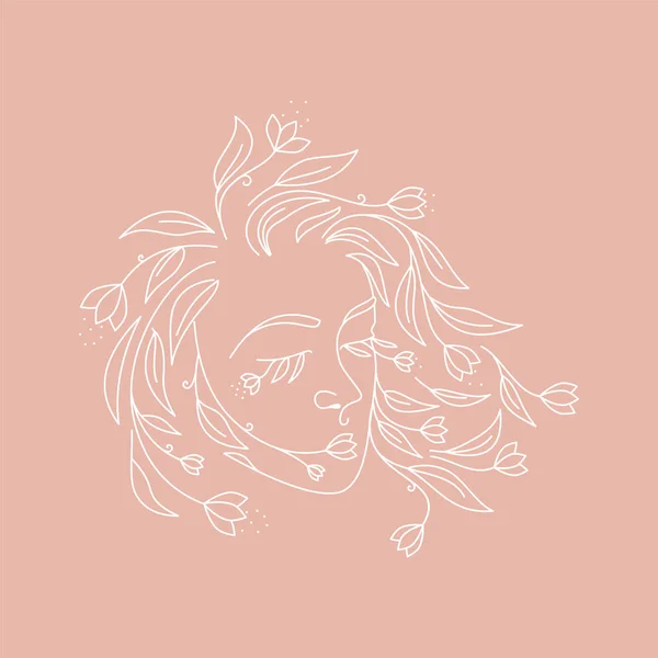 Logotyp Kvinna Ansikte Med Blommor Kvinna Vektor Lineart Illustration Elegant — Stock vektor