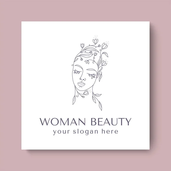 Logo Cara Mujer Con Flores Mujer Vector Ilustración Lineal Elegante — Archivo Imágenes Vectoriales