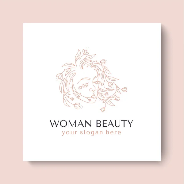 Logo Cara Mujer Con Flores Mujer Vector Ilustración Lineal Elegante — Archivo Imágenes Vectoriales