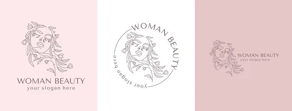 Logo Woman Face Flowers Woman Vector Lineart Illustration Elegant Feminine — Stock Vector