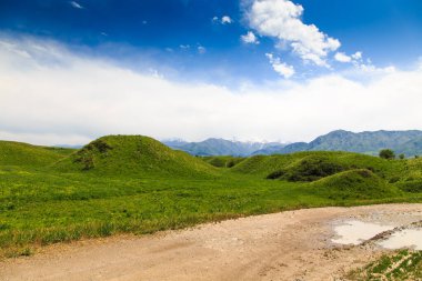 Güzel bahar ve yaz manzarası. Yeşil tepelerin arasındaki dağ yolu. yemyeşil tepeler, yüksek dağlar.