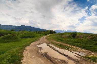 Güzel bahar ve yaz manzarası. Yeşil tepelerin arasındaki dağ yolu. yemyeşil tepeler, yüksek dağlar.