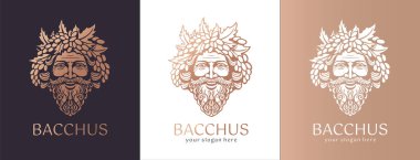 Logo Bacchus veya Dionysus. Adamın yüzü üzüm ve yapraklarla süslenmiş. Şarap üreticileri ve bira üreticileri için bir tarz. Bar ve restoran için imza atın. Modern logo