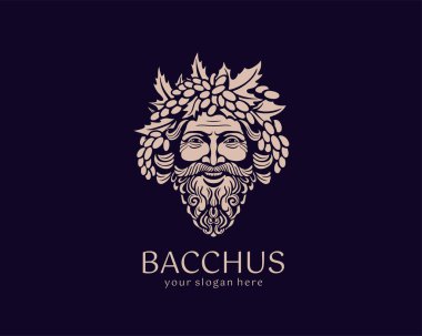 Logo Bacchus veya Dionysus. Adamın yüzü üzüm ve yapraklarla süslenmiş. Şarap üreticileri ve bira üreticileri için bir tarz. Bar ve restoran için imza atın. Modern logo
