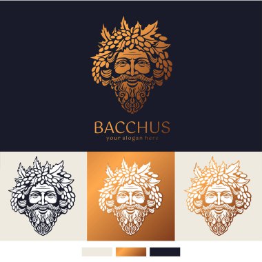 Logo Bacchus veya Dionysus. Adamın yüzü üzüm ve yapraklarla süslenmiş. Şarap üreticileri ve bira üreticileri için bir tarz. Bar ve restoran için imza atın. Modern logo