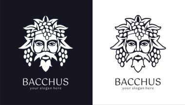 Logo Bacchus veya Dionysus. Adamın yüzü üzüm ve yapraklarla süslenmiş. Şarap üreticileri ve bira üreticileri için bir tarz. Bar ve restoran için imza atın. Modern logo