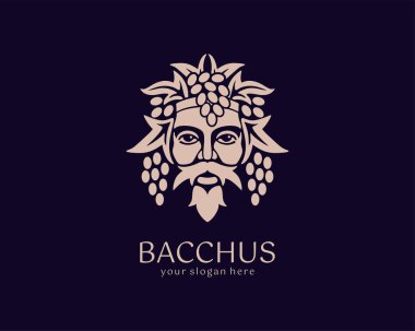 Logo Bacchus or Dionysus. Man face logo with grape berries and leaves. A style for winemakers or brewers. Sign for bar and restaurant. Modern logo clipart