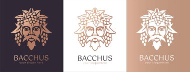 Logo Bacchus veya Dionysus. Adamın yüzü üzüm ve yapraklarla süslenmiş. Şarap üreticileri ve bira üreticileri için bir tarz. Bar ve restoran için imza atın. Modern logo