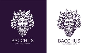 Logo Bacchus veya Dionysus. Adamın yüzü üzüm ve yapraklarla süslenmiş. Şarap üreticileri ve bira üreticileri için bir tarz. Bar ve restoran için imza atın. Modern logo