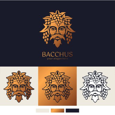 Logo Bacchus veya Dionysus. Adamın yüzü üzüm ve yapraklarla süslenmiş. Şarap üreticileri ve bira üreticileri için bir tarz. Bar ve restoran için imza atın. Modern logo