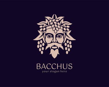 Logo Bacchus veya Dionysus. Adamın yüzü üzüm ve yapraklarla süslenmiş. Şarap üreticileri ve bira üreticileri için bir tarz. Bar ve restoran için imza atın. Modern logo