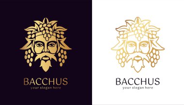 Logo Bacchus veya Dionysus. Adamın yüzü üzüm ve yapraklarla süslenmiş. Şarap üreticileri ve bira üreticileri için bir tarz. Bar ve restoran için imza atın. Modern logo