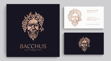 Logo Bacchus veya Dionysus. Adamın yüzü üzüm ve yapraklarla süslenmiş. Şarap üreticileri ve bira üreticileri için bir tarz. Bar ve restoran için imza atın. Modern logo