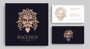 Logo Bacchus veya Dionysus. Adamın yüzü üzüm ve yapraklarla süslenmiş. Şarap üreticileri ve bira üreticileri için bir tarz. Bar ve restoran için imza atın. Modern logo