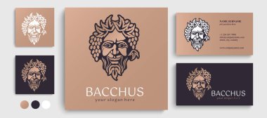 Logo Bacchus veya Dionysus. Adamın yüzü üzüm ve yapraklarla süslenmiş. Şarap üreticileri ve bira üreticileri için bir tarz. Bar ve restoran için imza atın. Modern logo