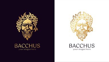 Logo Bacchus veya Dionysus. Adamın yüzü üzüm ve yapraklarla süslenmiş. Şarap üreticileri ve bira üreticileri için bir tarz. Bar ve restoran için imza atın. Modern logo