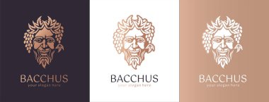 Logo Bacchus veya Dionysus. Adamın yüzü üzüm ve yapraklarla süslenmiş. Şarap üreticileri ve bira üreticileri için bir tarz. Bar ve restoran için imza atın. Modern logo