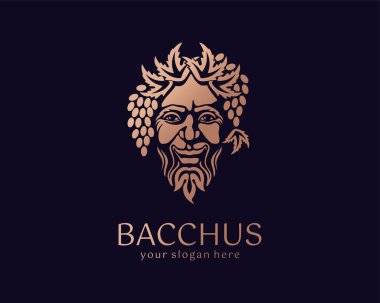 Logo Bacchus veya Dionysus. Adamın yüzü üzüm ve yapraklarla süslenmiş. Şarap üreticileri ve bira üreticileri için bir tarz. Bar ve restoran için imza atın. Modern logo