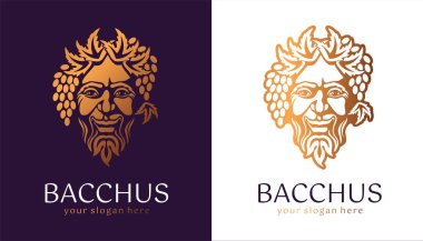 Logo Bacchus veya Dionysus. Adamın yüzü üzüm ve yapraklarla süslenmiş. Şarap üreticileri ve bira üreticileri için bir tarz. Bar ve restoran için imza atın. Modern logo