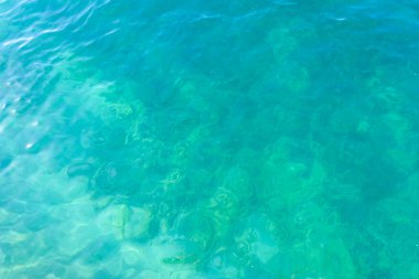 Temiz şeffaf deniz suyu, göl dibi ve kum. Güzel mavi, turkuaz şeffaf yüzey arkaplanı