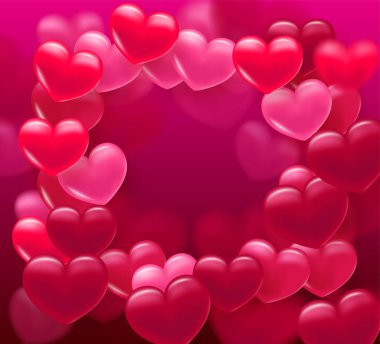 Yürekli bir geçmiş. Üç boyutlu hacimli kalpleri olan narin bir ışık. Pankart ve kartpostalın dokusu. Sevgililer Günü ve Anneler Günü için uygun. Vektör illüstrasyonu