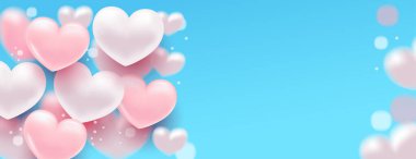 Yürekli bir geçmiş. Üç boyutlu hacimli kalpleri olan narin bir ışık. Pankart ve kartpostalın dokusu. Sevgililer Günü ve Anneler Günü için uygun. Vektör illüstrasyonu