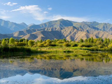 Yeşil vadiler ve görkemli dağlarla çevrili sessiz bir dağ gölü Issyk-Kul. Kırgızistan 'da turizm ve huzurlu dinlenme için mükemmel bir yer.