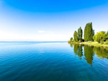 Issyk-Kul gölünün kıyısında durgun sulara yansıyan yüksek ağaçlar. Mavi gökyüzü ve derin mavi gölgelerle aydınlık güneşli bir gün..