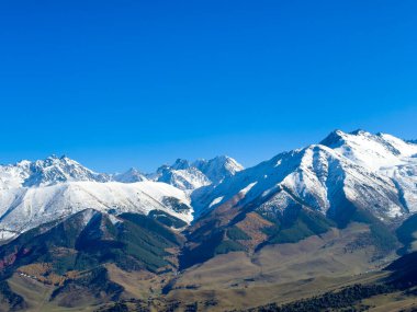 Kırgızistan 'daki karla kaplı dağ sıralarının panoramik manzarası açık mavi gökyüzünün altında, yeşil vadiler ve dağ eteklerindeki sonbahar ormanları.