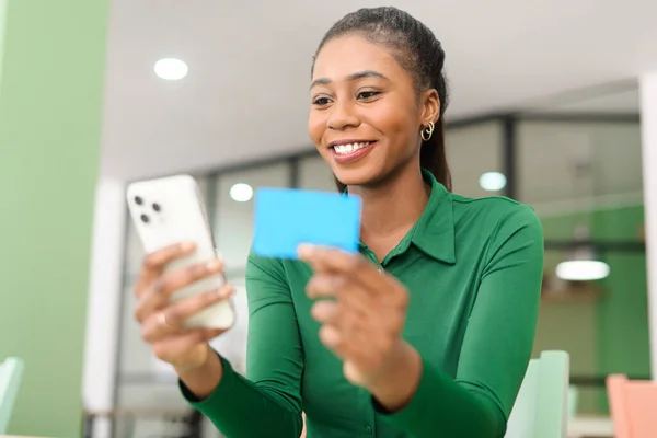 Excited African American Woman Shopping Online Holding Banking Credit Card — Stock Photo, Image