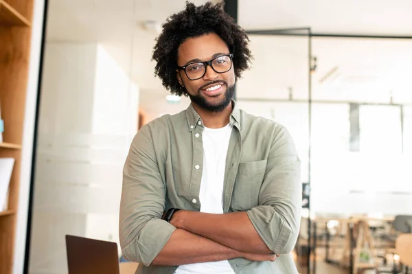Portrait Confident Male Office Employee Stylish Glasses Casual Shirt Smart — Stockfoto