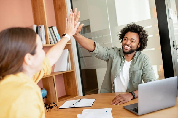 Two Diverse Employees Smart Casual Wear Giving High Five Each — Foto Stock