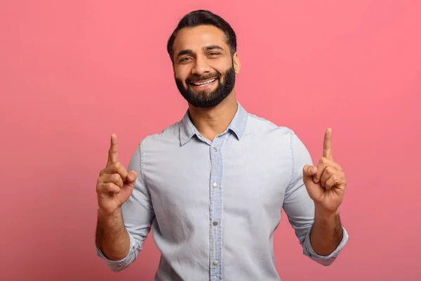 Positive Smiling Indian Middle Aged Man Jeans Shirt Points Fingers — Stock Photo, Image