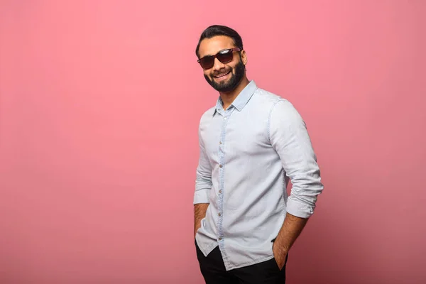 Handsome Bearded Indian Man Wearing Sunglasses Casual Jeans Shirt Looking — Stock Photo, Image