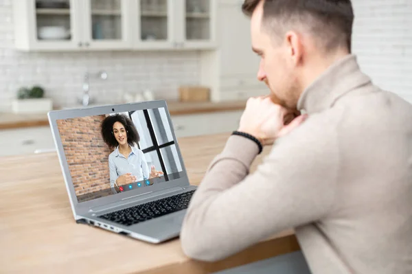 Video Call Concept Young Man Talking Online African Woman Female — Stock Photo, Image